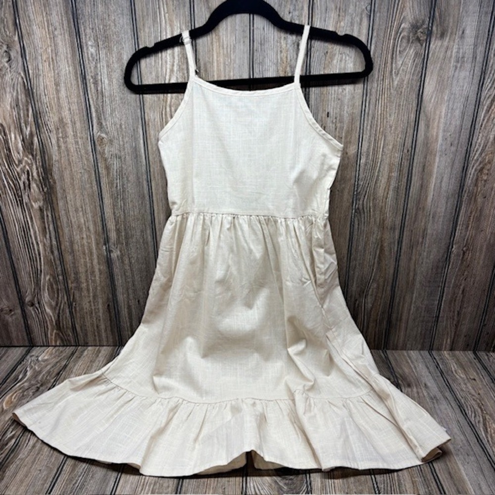 Arshiner Kids Beige Linen Blend Spaghetti Strap Ruffle Hem Dress Size 160